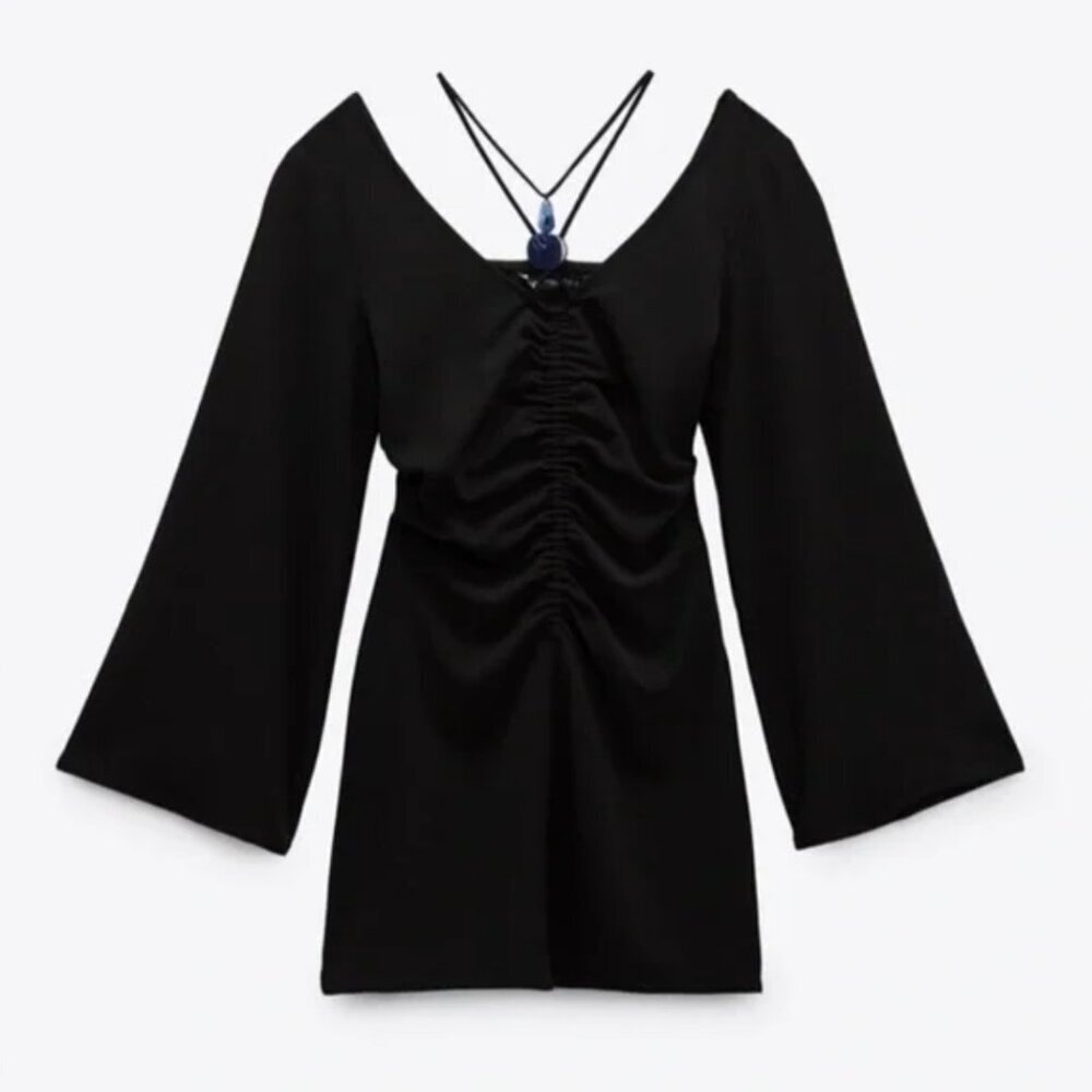Zara Gothic Black Stone Accent Bell Sleeve Flare Mini Dress Size Small - Picture 4 of 10